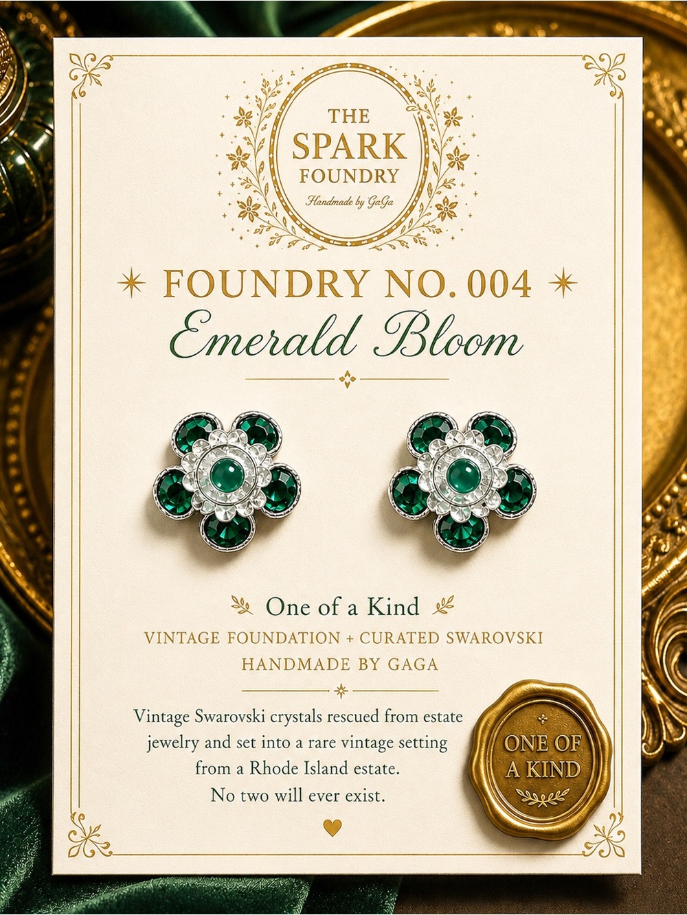 “Emerald Bloom” OOAK Vintage Swarovski Crystal Flower Stud Earrings